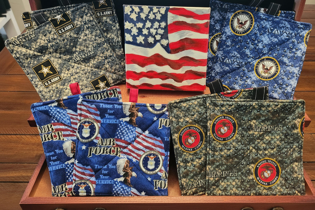 Military Branch Potholders, Patriotic Kitchen Decor, Veteran Gift (Set of 2)
