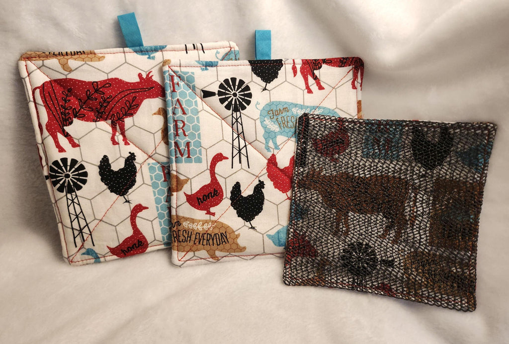 Rustic Farmhouse Potholders and Jar Opener Set Handmade Kitchen Must Haves