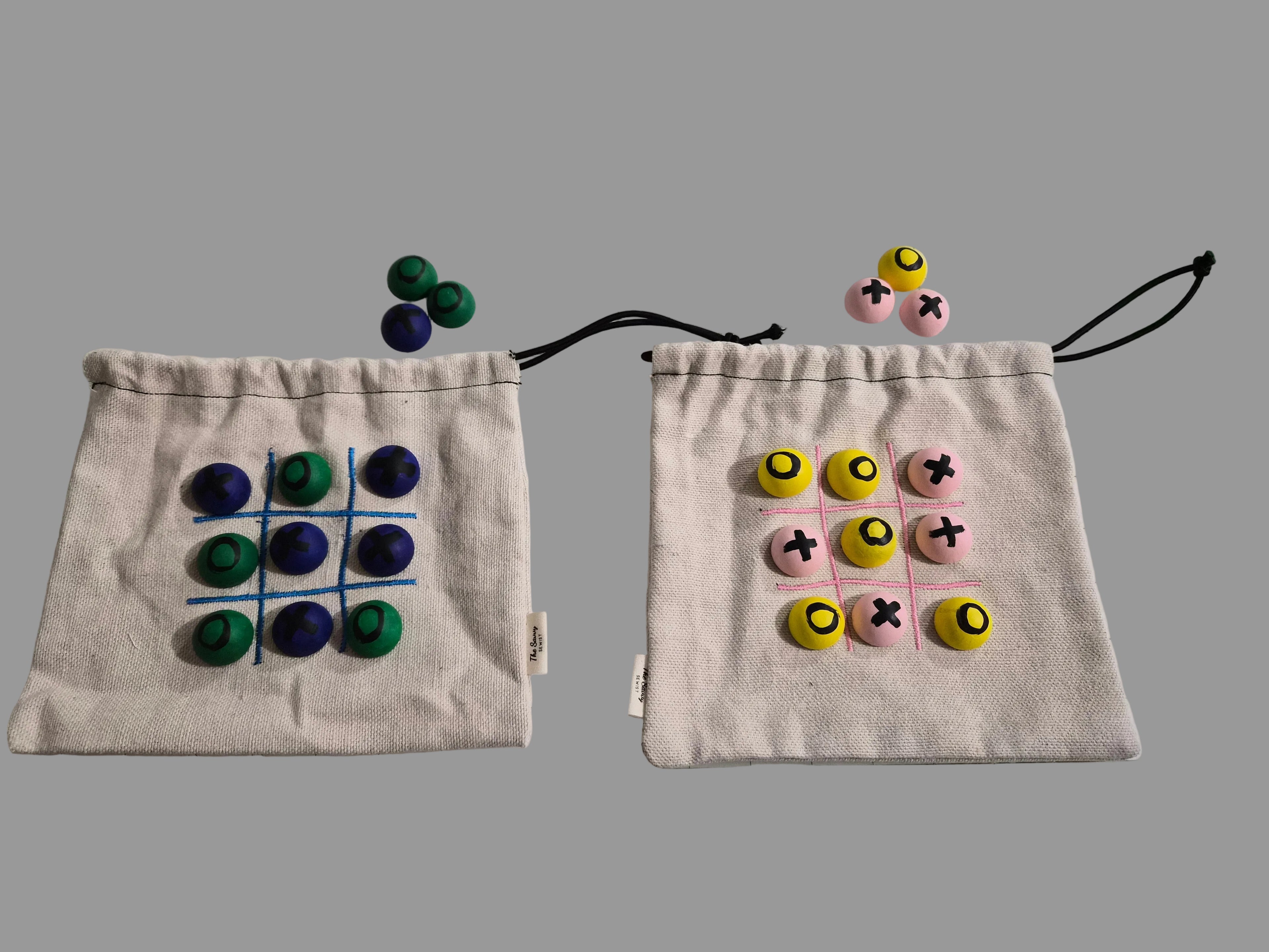 Handmade Travel Tic-Tac-Toe Game Set – Canvas Pouch with Embroidered Board & Painted Wood Pieces