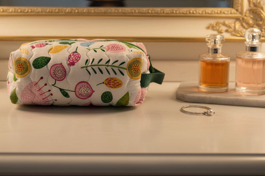 Handmade Quilted Cosmetic Travel Bag - Zippered Makeup Pouch with Handle