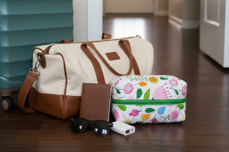 Handmade Quilted Cosmetic Travel Bag - Zippered Makeup Pouch with Handle