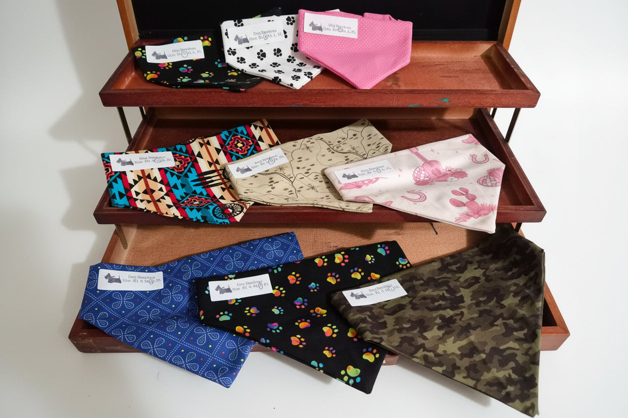 Handmade Dog Bandana – Fun Prints, Multiple Sizes, Custom Embroidery Available