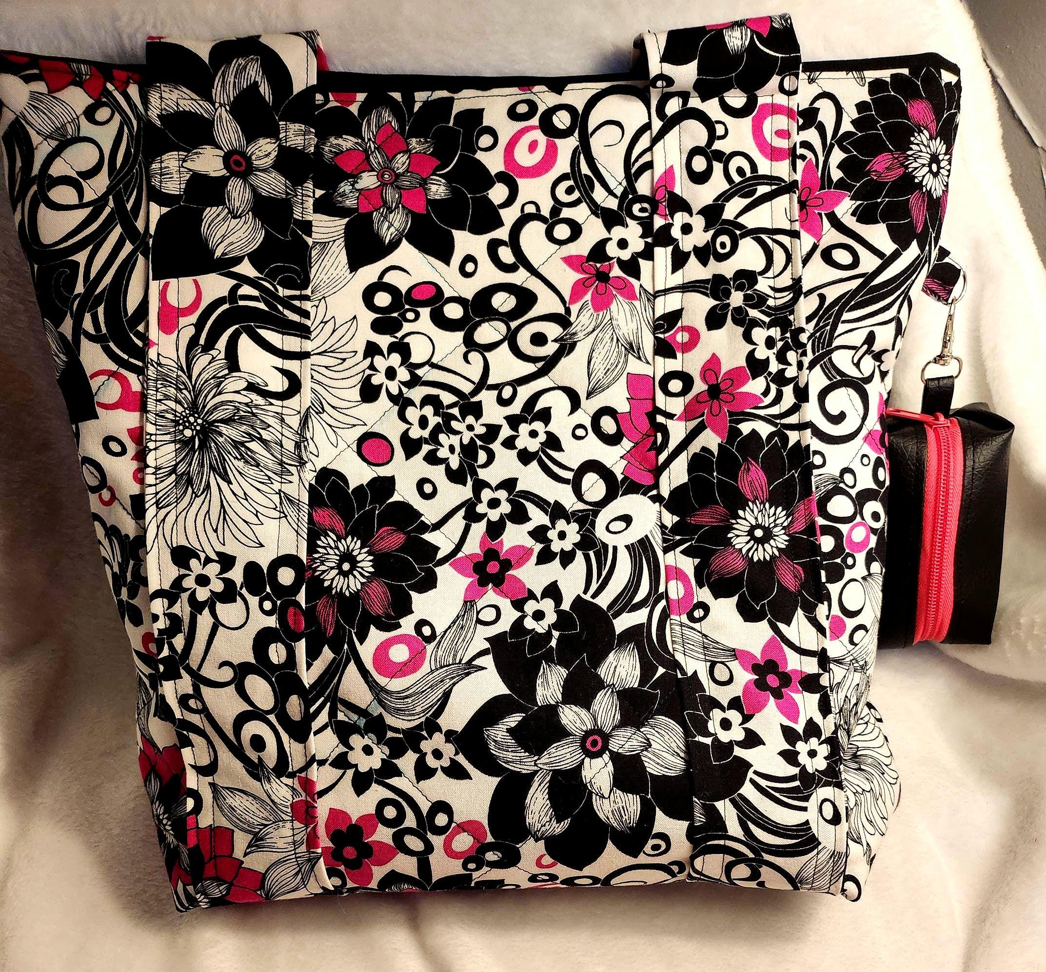 Handmade Quilted Floral Tote Bag – Black, White & Pink with Optional Mini Boxy Bag