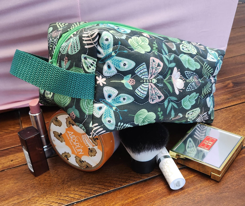 Handmade Quilted Cosmetic Travel Bag - Zippered Makeup Pouch with Handle