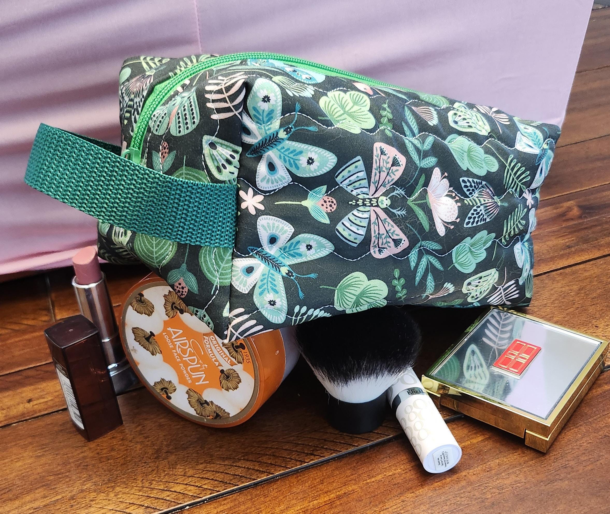 Handmade Quilted Cosmetic Travel Bag - Zippered Makeup Pouch with Handle