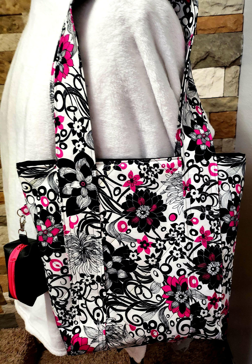 Handmade Quilted Floral Tote Bag – Black, White & Pink with Optional Mini Boxy Bag