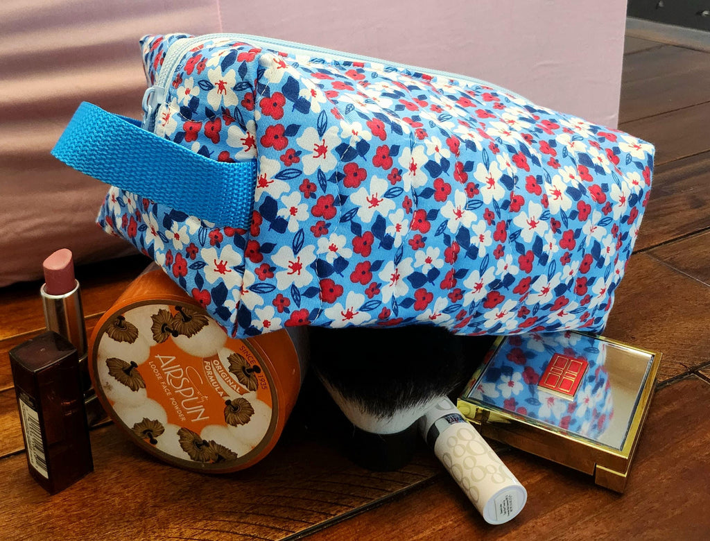 Handmade Quilted Cosmetic Travel Bag - Zippered Makeup Pouch with Handle