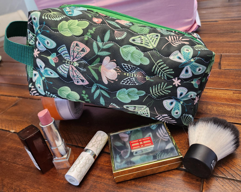 Handmade Quilted Cosmetic Travel Bag - Zippered Makeup Pouch with Handle