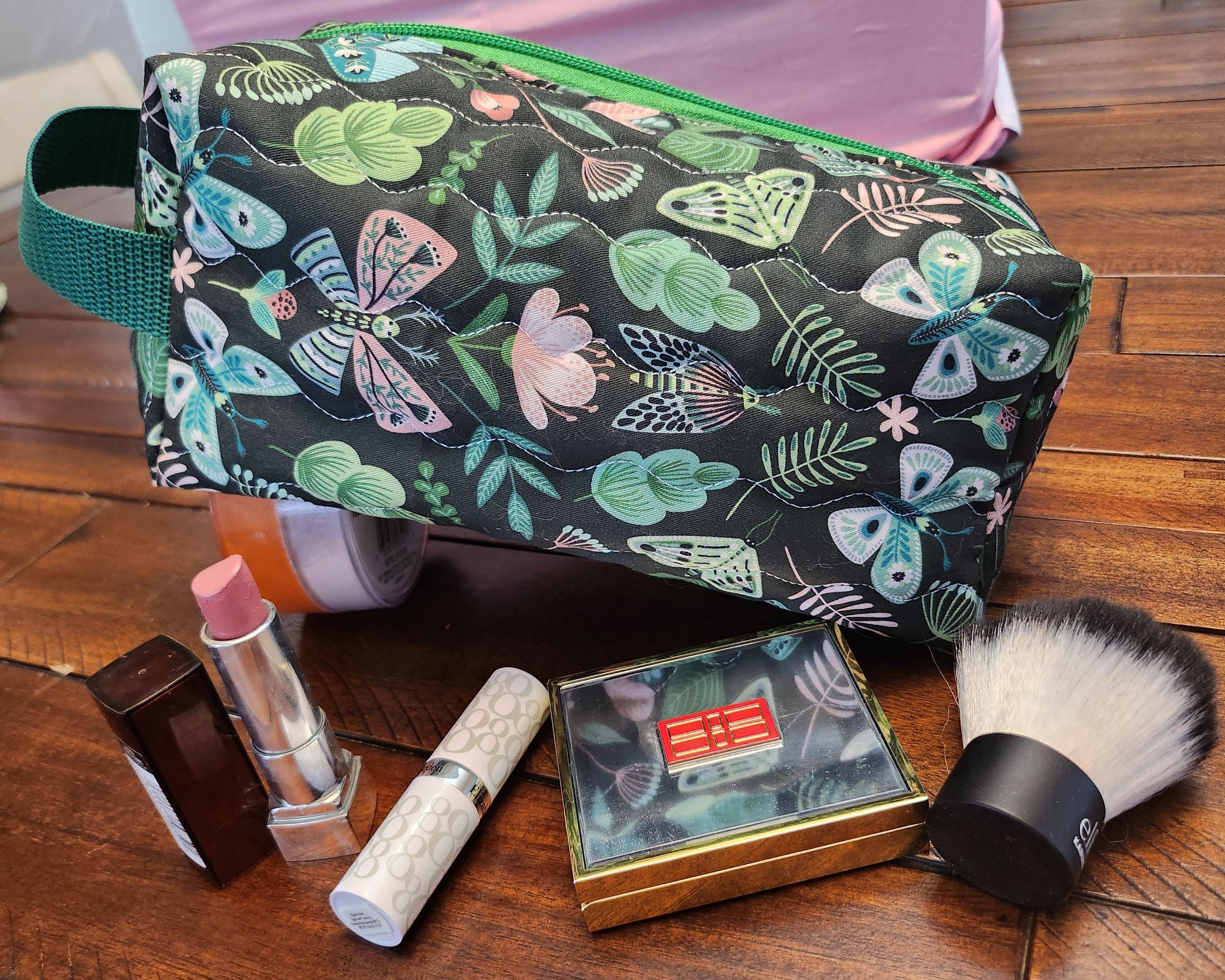 Handmade Quilted Cosmetic Travel Bag - Zippered Makeup Pouch with Handle