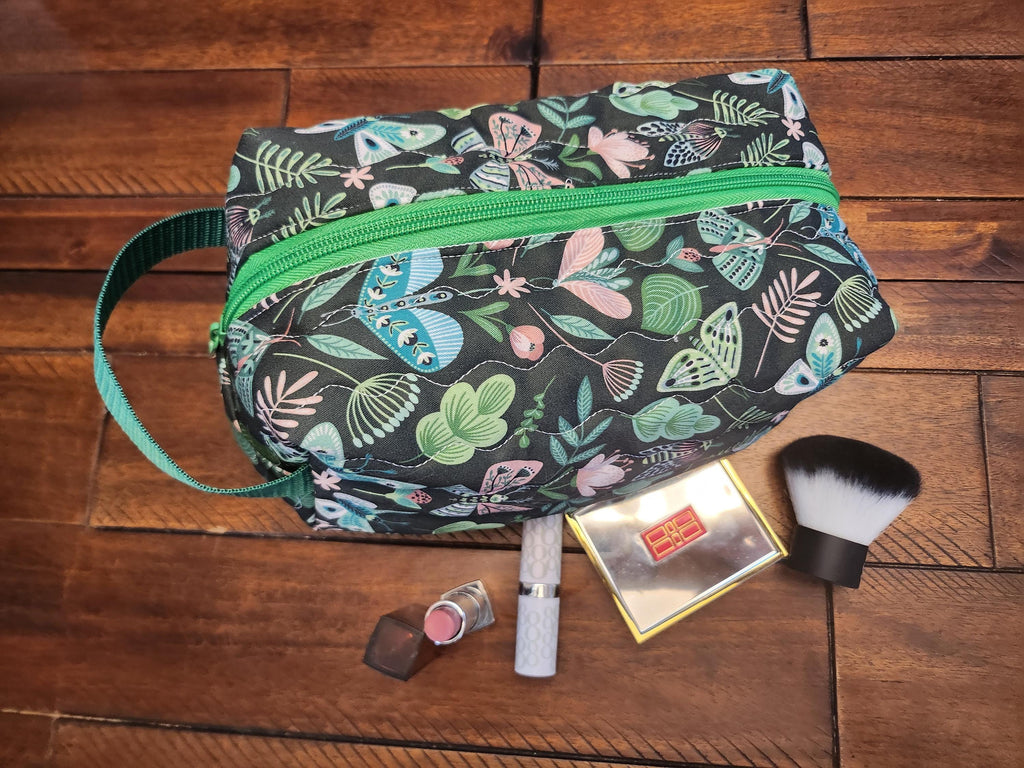 Handmade Quilted Cosmetic Travel Bag - Zippered Makeup Pouch with Handle