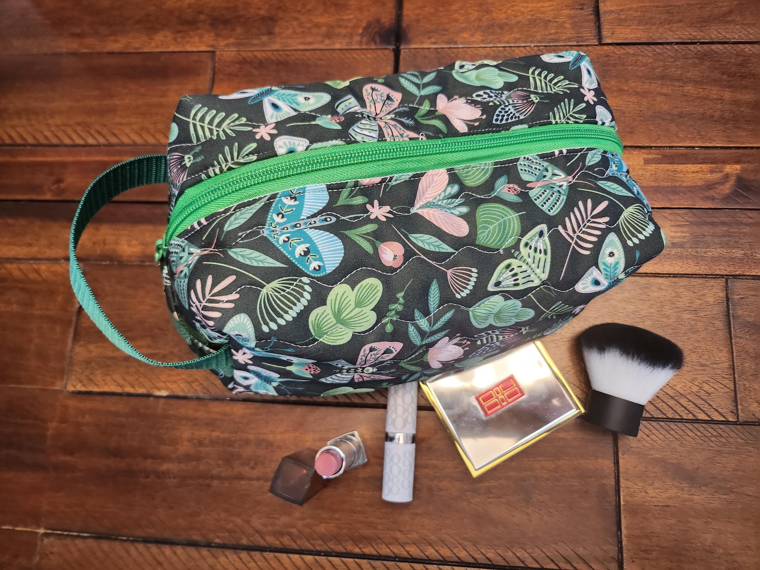 Handmade Quilted Cosmetic Travel Bag - Zippered Makeup Pouch with Handle