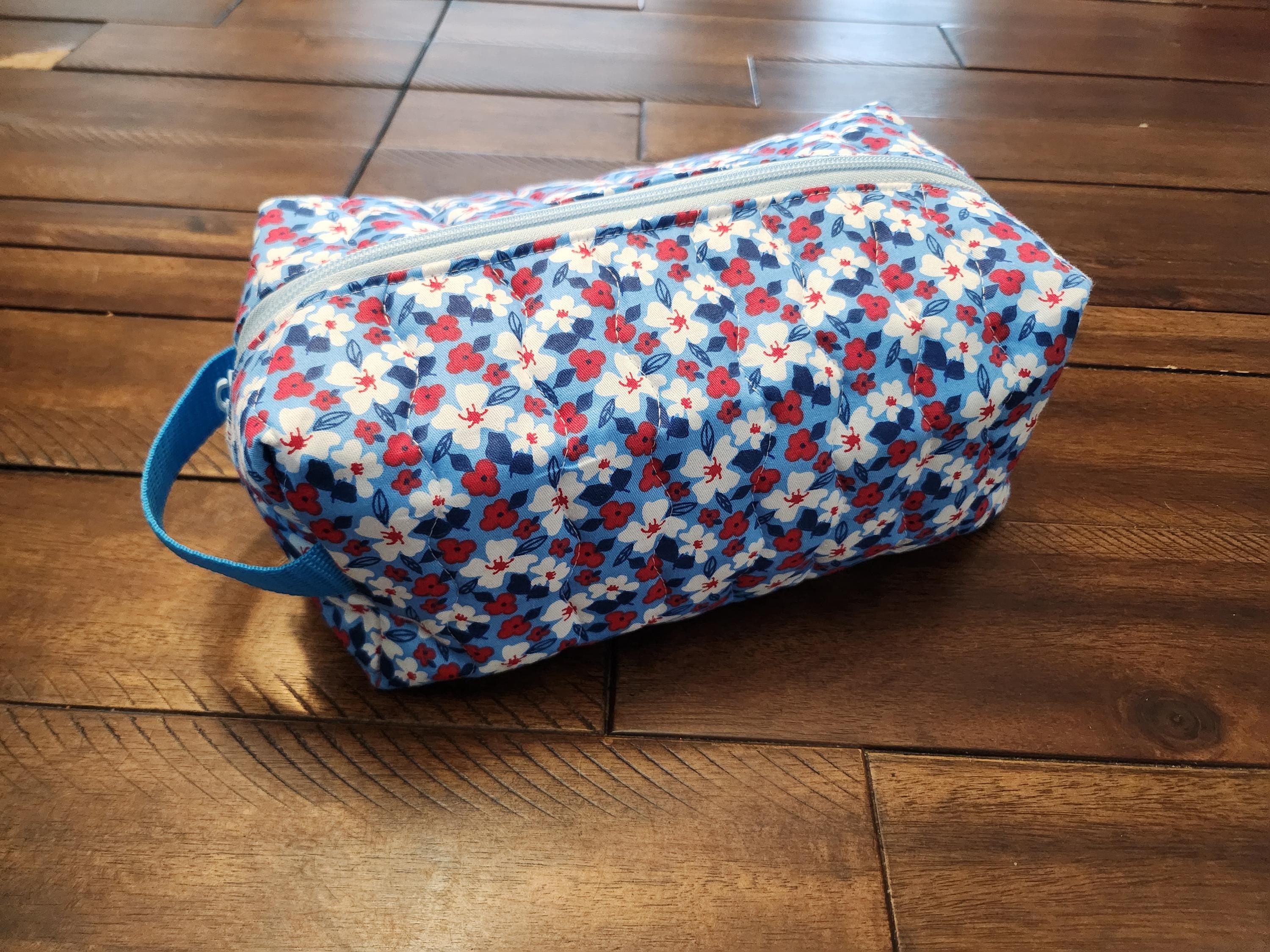 Handmade Quilted Cosmetic Travel Bag - Zippered Makeup Pouch with Handle
