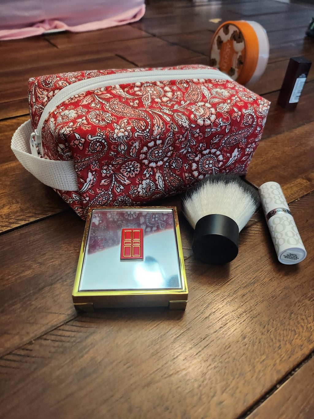 Handmade Quilted Cosmetic Travel Bag - Zippered Makeup Pouch with Handle