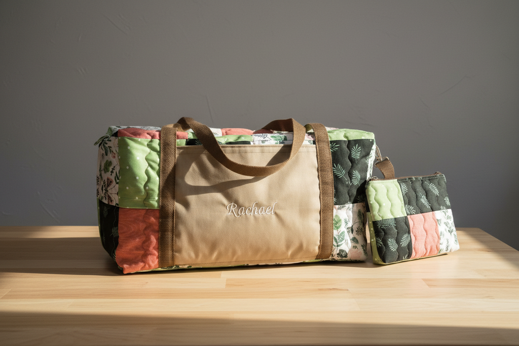 Custom handmade botanical patchwork duffle bag lifestyle photo