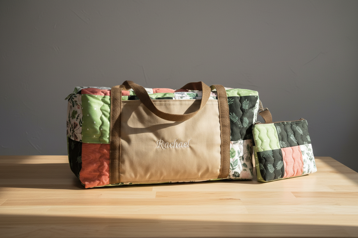Custom handmade botanical patchwork duffle bag lifestyle photo