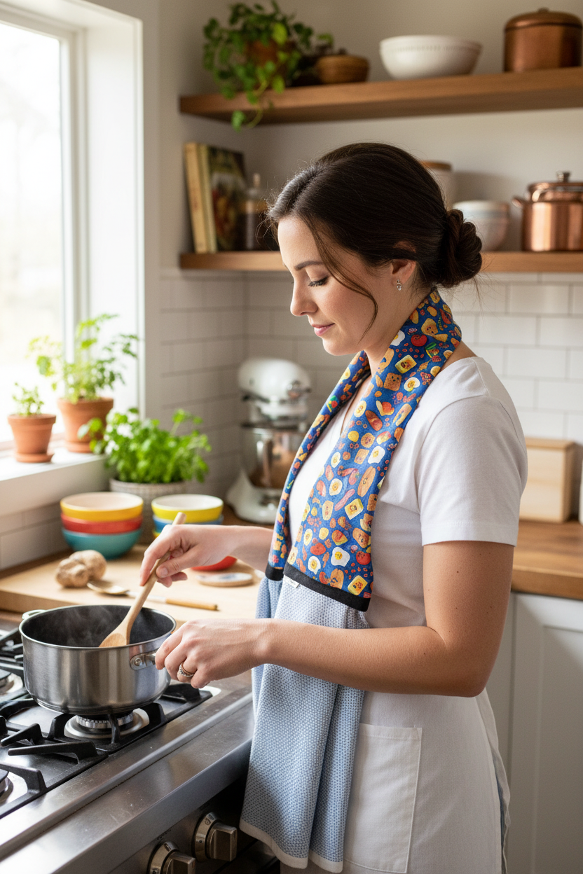 Handmade cotton kitchen scarf with tapered neck worn while cooking in a cozy kitchen