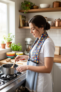 Handmade cotton kitchen scarf with tapered neck worn while cooking in a cozy kitchen