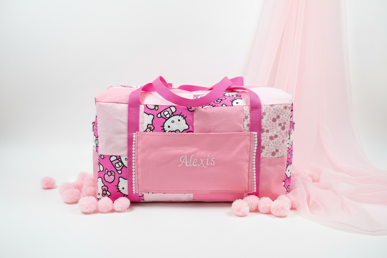 Custom handmade Hello Kitty pink patchwork duffle bag lifestyle photo