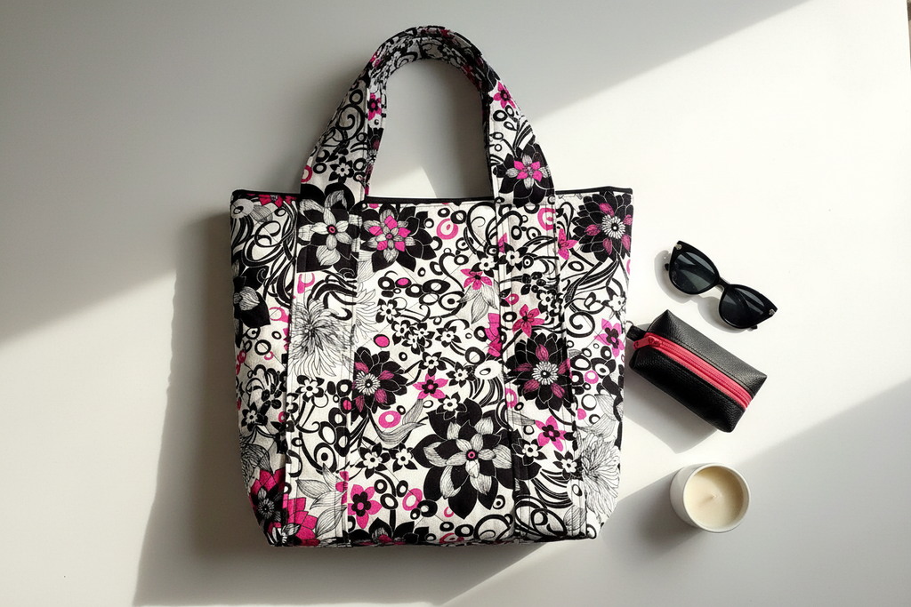 Handmade quilted floral tote bag flatlay with mini boxy bag and accessories on white surface