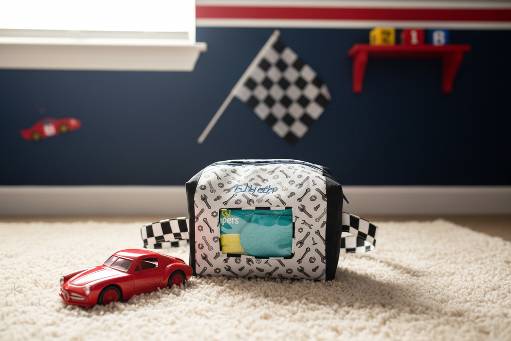 Custom handmade diaper and wipe pouch in a boy's racecar themed nursery with checkered flag decor