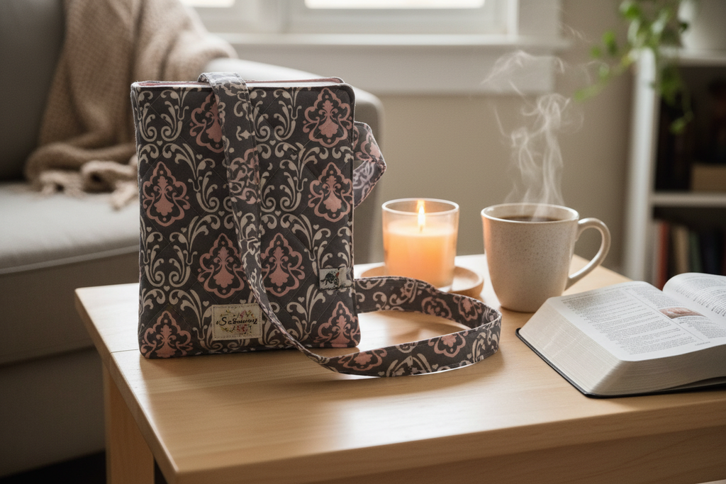 Custom fabric Bible sleeve lifestyle shot on side table with coffee, candle, and open devotional Bible