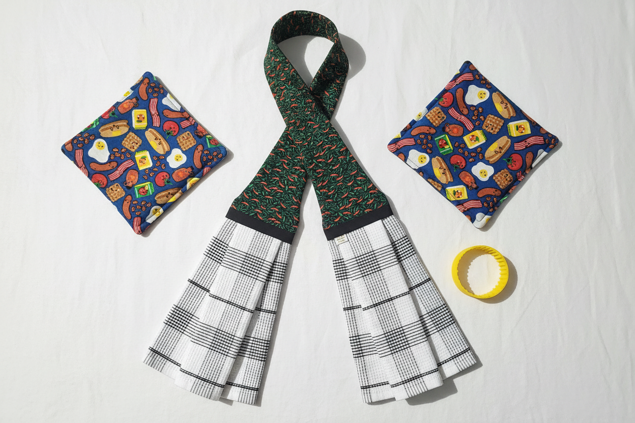 Handmade kitchen scarf flatlay with matching hotpads and jar opener set